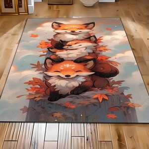 Fox Design Rug, Animal Rug, Wolf Runner Rug, Farmhouse Runner Rug, Woodland Animals Kids Rug, Washable  Rug