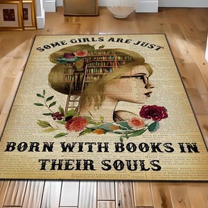Book Lover Girl Rug, Library Hair Art and Quote Rug, Reading Themed Literary Rug,Bookworms and Cozy Rug, Library Decor Rug, Mom Rare Rug Mat