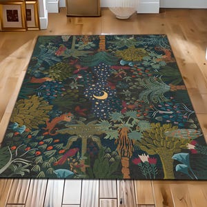Enchanted Jungle Rug: Moon Stars, Tropical Animals, Emerald Green