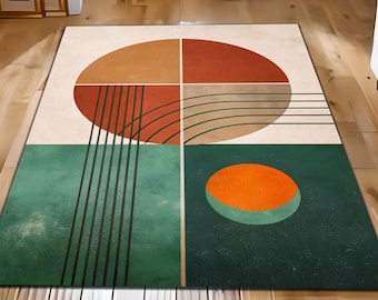 Mid Century Modern Rug: Abstract Orange Green Geometric Rug, Retro Geometric Area Rug, Scandinav Rug