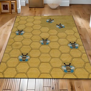 Honeycomb Bee Rug, Bee Rug, Geometric Rug, Kids Room Rug, Cute Yellow Carpet, Blue Wing Bees Rug, Playful Animal Theme Soft Area Mat Rug