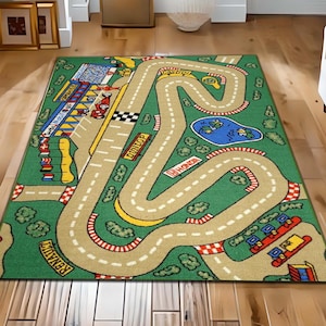 Racebaanspeelkleed, vloerkleed kinderkamer, vloerkleed kinderkamer, vloerkleed kinderkamer, tapijt met kleurrijke autowegenkaart, designtapijt tribune en pitstop