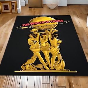 The World is Yours Rug, Scarface Rug, Scarface Gold Rug, Mafia Movie Scarface Rug, Legend Man Rug, Golden Statue Art Rug, Washable Rug Mat