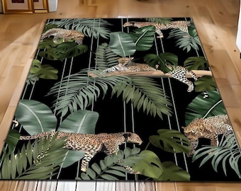 Jungle Leopard Rug: Tropical Leaves Black Area Rug, Jungle Design Rug, Bold, Exotic and Stylish Rug Mat