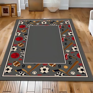 Personalized Sports Themed Kids Rug, Your Name Rug, Playroom Rug, Custom Sports Decor Rug, Baseball  and  Soccer Rug, Hockey Boys Room Rug