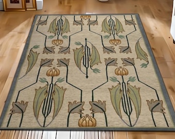 Art Nouveau Floral Area Rug, Vintage Botanical Carpet, Nature Pattern Living Room Decor Rug