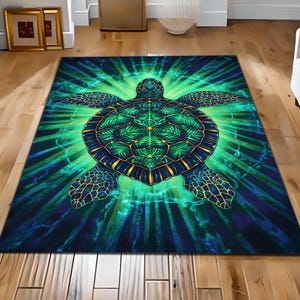May include: A rectangular area rug featuring a detailed sea turtle design. The turtle is depicted in shades of green and blue, with a radiating light effect in the background. The rug's design is intricate and vibrant.