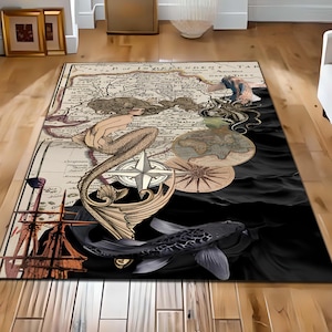Vintage Nautische Meerjungfrau Teppich, Alte Weltkarte Design Teppich, Meerestiere und Kompass Kunst für Ocean Themed Haus oder Küstendekor Teppich
