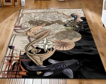 Vintage Nautical Mermaid Rug, Old World Map Design Rug, Sea Creatures and Compass Art for Ocean Themed Home or Coastal Decor Rug, Ocean Rug