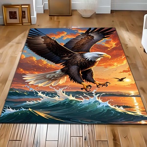 Majestic Bald Eagle Rug: Wildlife Decor Accent, Animal Decor Living Room Rug,Eagle and Ocean Themed Mat