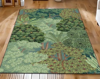 Botanical Forest and Jungle Decor Rug: Green Nature Inspired Rug, Tropical Jungle Design Art Mat