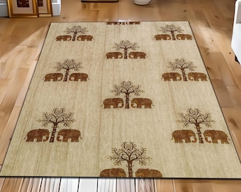 Boho Elephant Area Rug, Neutral Safari Carpet, Tree of Life Floor Mat, Beige Tribal Living Room Rug, Nature Inspired Home Decor