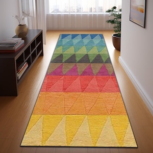 May include: A vibrant, geometric runner rug with a rainbow gradient design. The rug features triangular patterns in shades of blue, green, grey, pink, red, orange, and yellow. Suitable for hallways and entryways, it adds a pop of colour.
