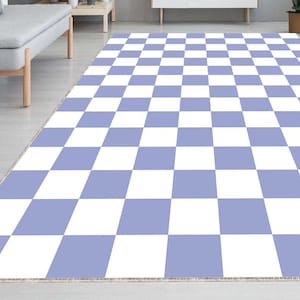 May include: A checkered area rug with alternating squares of white and light purple. The rug is made of a soft, durable material and is perfect for adding a touch of style to any room.