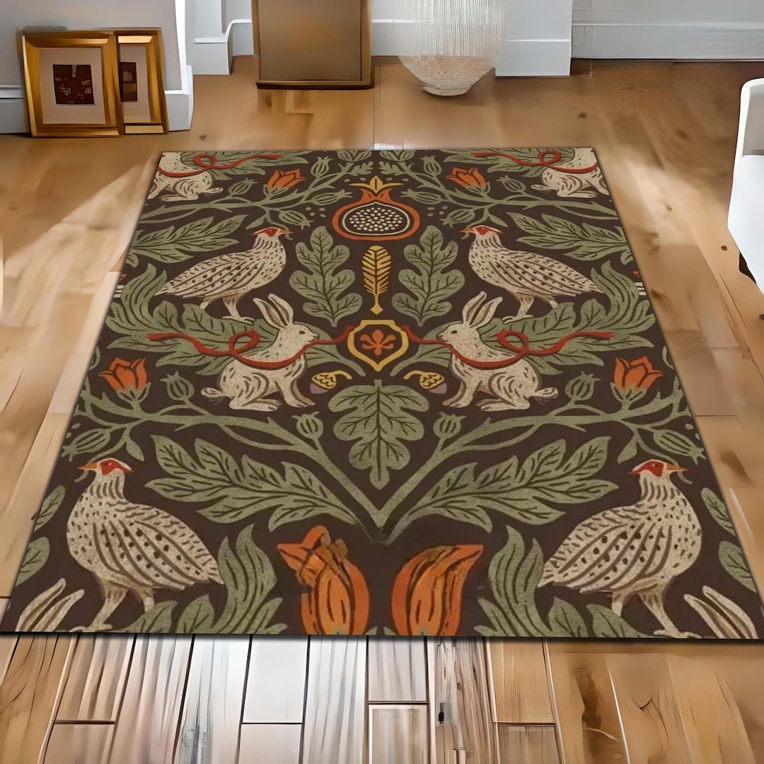 Animal Abyss Rug Woodland Animal Area Rug, Rustic Folk Art Rabbit and Bird Botanical ...