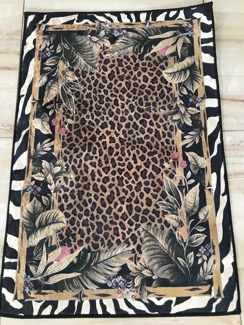 Leopard Print Jungle Rug: Washable Non Slip Animal Print Carpet with Zebra Border Tropical Leaves, Safari Style Home Decor image 8