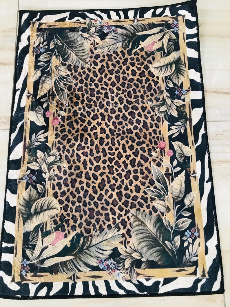 Leopard Print Jungle Rug: Washable Non Slip Animal Print Carpet with Zebra Border Tropical Leaves, Safari Style Home Decor image 5
