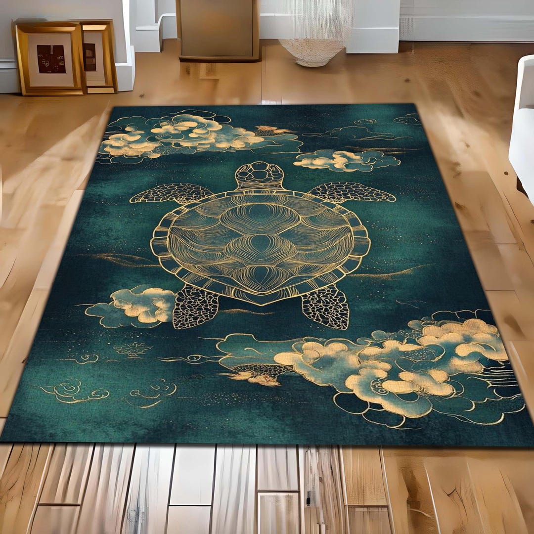 Sea Turtle Area Rug, Coastal Ocean Inspired Carpet With Gold Line Art ...