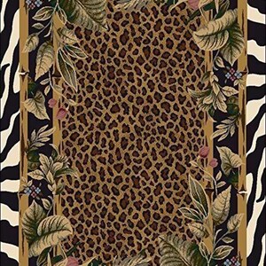 Leopard Print Jungle Rug: Washable Non Slip Animal Print Carpet with Zebra Border Tropical Leaves, Safari Style Home Decor