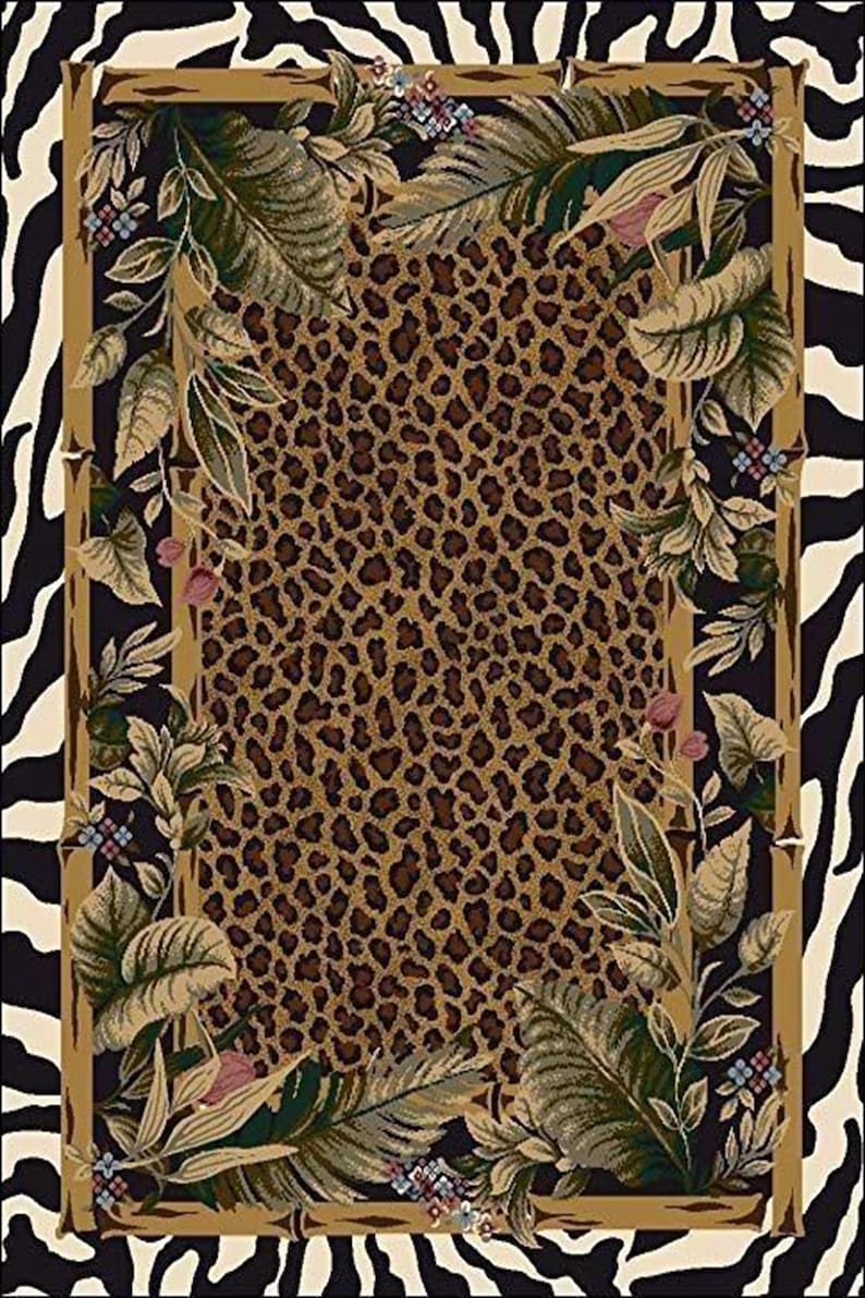 Leopard Print Jungle Rug: Washable Non Slip Animal Print Carpet with Zebra Border Tropical Leaves, Safari Style Home Decor