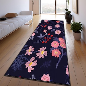 Floral Runner Rug for Hallway, Runner Rug, Customizable Flower Pattern, Navy Blue Background, Elegant Vintage Floral Decor, Perfect Boho Rug