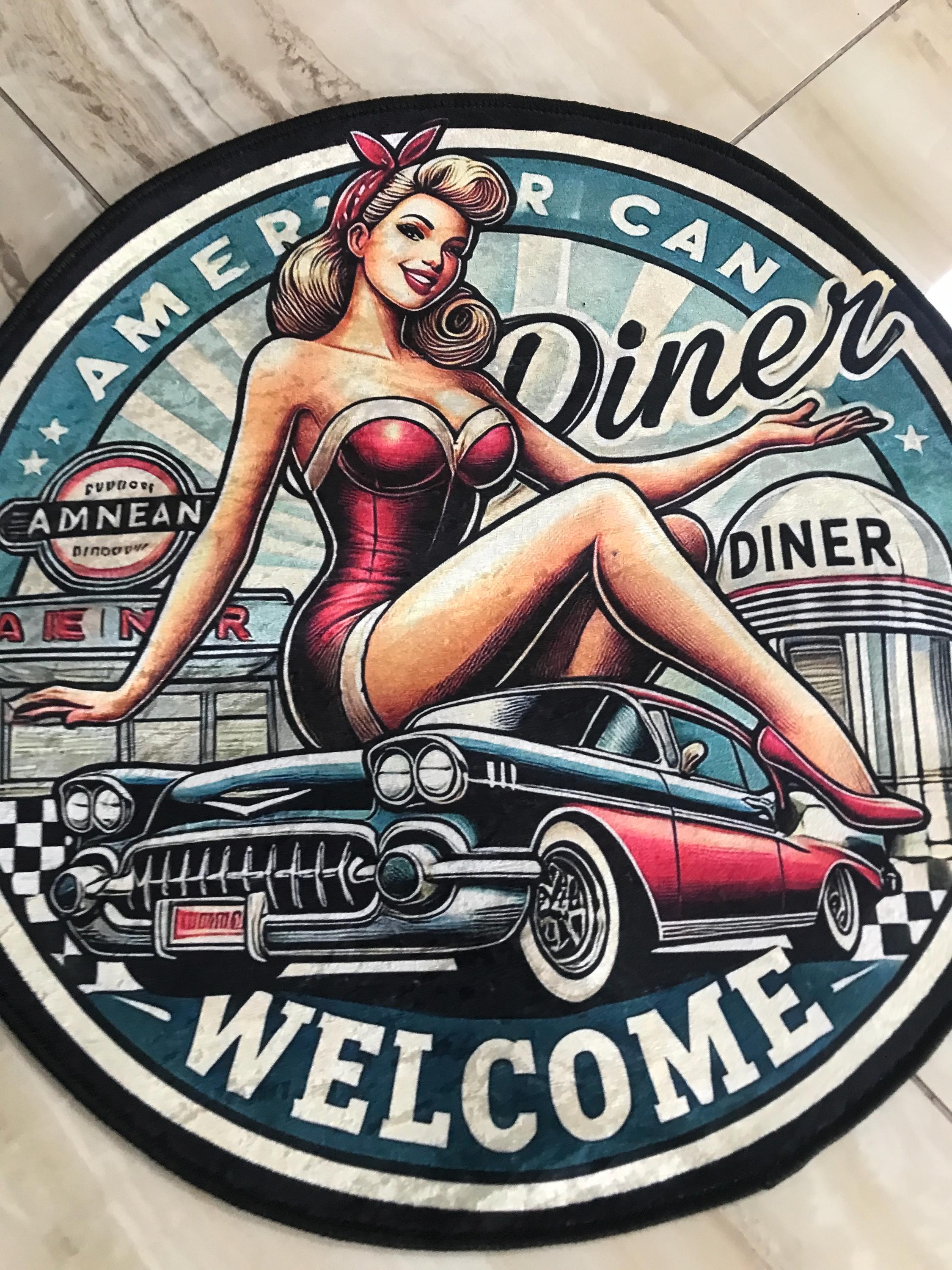Retro Pin up Round Rug, American Diner Vintage Car Mat 50s Rockabilly ...