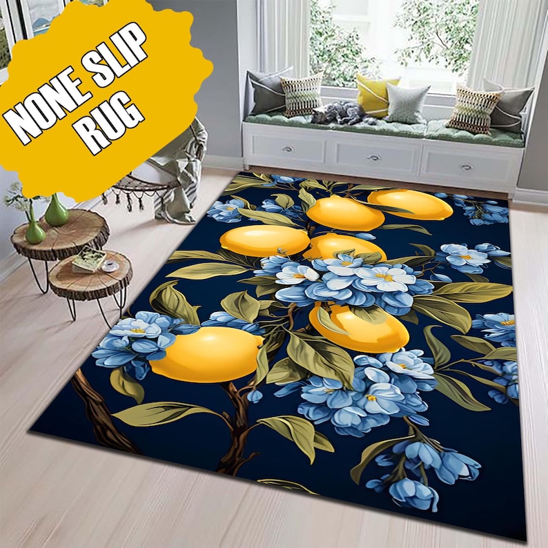 Lemon Rug, Lemon Blossom Rug, 3D Printed Rug, Lemon Tree Rug, Lemon Pattern Rug, Kitchen Rug, Custom Gift Rug, Indoor Rug, Floor Rug, Area