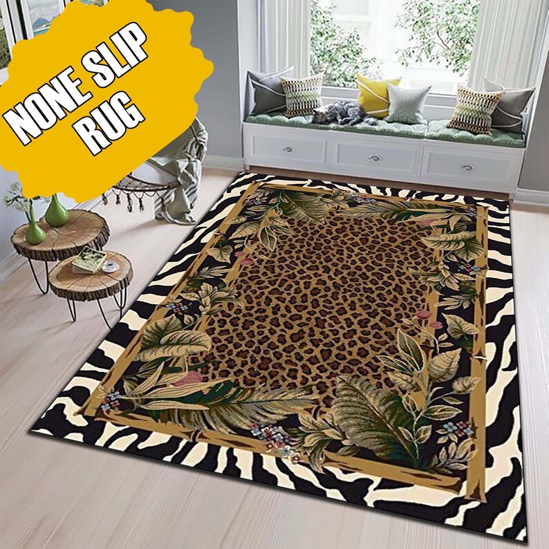 Leopard Print Jungle Rug: Washable Non Slip Animal Print Carpet with Zebra Border Tropical Leaves, Safari Style Home Decor