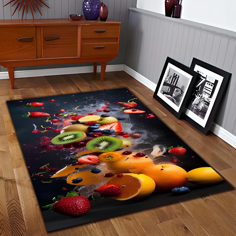 Vibrant Fruit Splash Area Rug, Citrus Kiwi Strawberry Orange Rug, Fresh ...