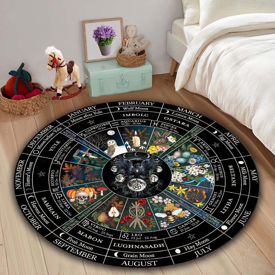 Wicca Rugs Wiccan Calendar Round Rug: Wheel of the Year, Zodiac Decor, Spiritual ...
