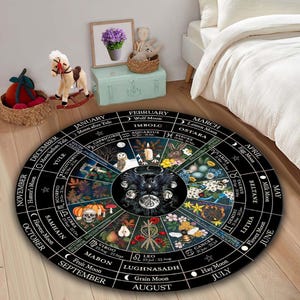 Alfombra redonda con calendario wiccano: Rueda del año, decoración del zodíaco, decoración de astrología espiritual para el hogar, alfombra de la rueda del año.