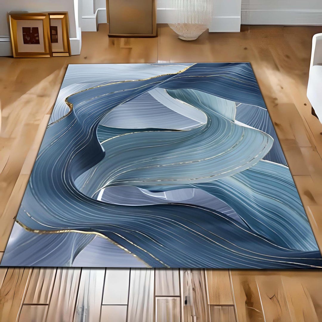 Blue Abstract Flow Rug, Gold Accent Area Rug, Washable Non Slip Carpet ...