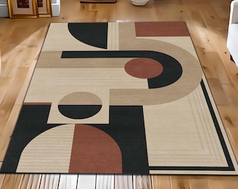 Modern Geometric Area Rug, Abstract Neutral Carpet, Contemporary Minimalist Floor Rug, Mid Century Living Room Decor