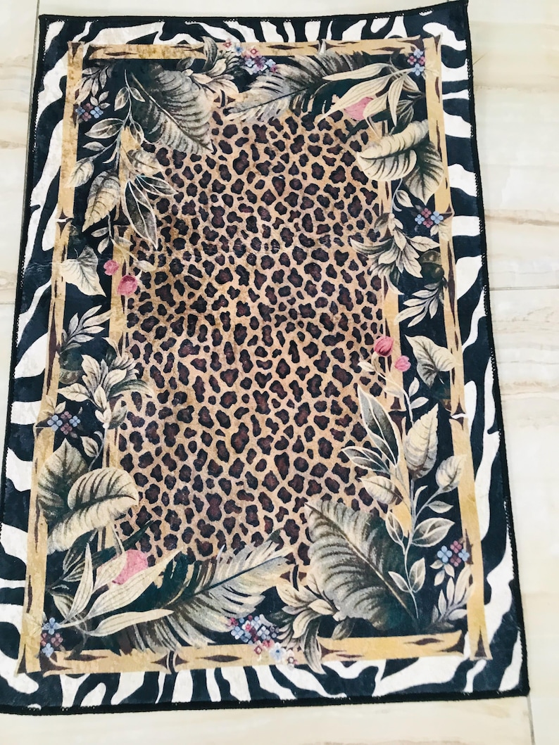 Leopard Print Jungle Rug: Washable Non Slip Animal Print Carpet with Zebra Border Tropical Leaves, Safari Style Home Decor image 20
