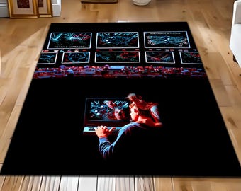 Cyberpunk Command Center Area Rug, Futuristic Tech Control Room Carpet, Digital Strategy Wall Screen Floor Rug, Gamer Room Decor