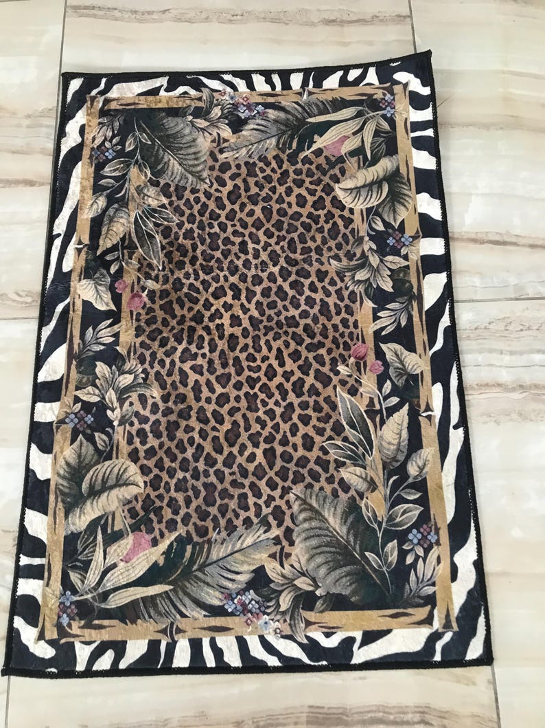 Leopard Print Jungle Rug: Washable Non Slip Animal Print Carpet with Zebra Border Tropical Leaves, Safari Style Home Decor image 12