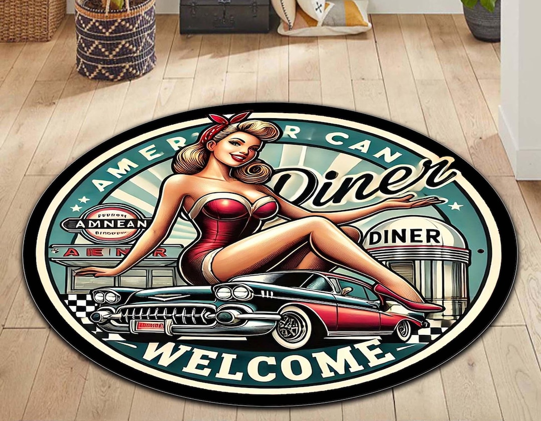 Retro Pin up Round Rug, American Diner Vintage Car Mat 50s Rockabilly ...