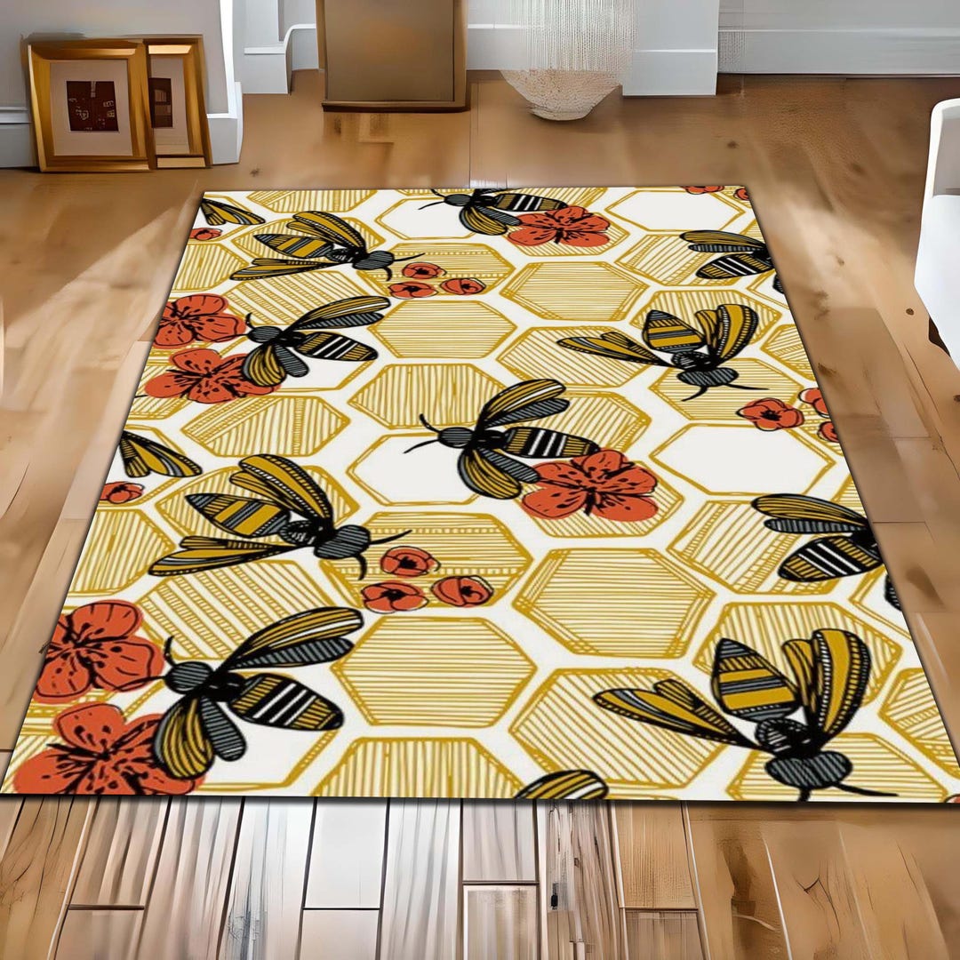 Bee Rug Green Bee Honeycomb Area Rug, Botanical Bee Pattern Carpet, Geometric Bee Art ...