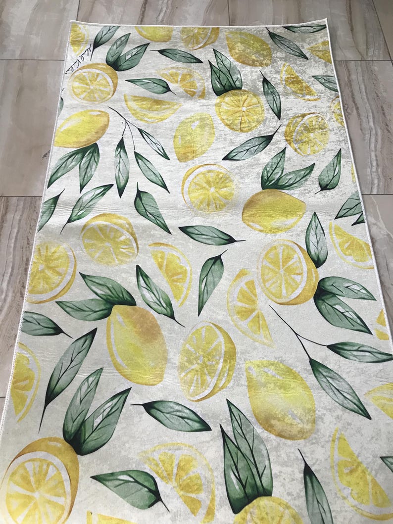Vibrant Lemon Print Rug, Fresh Fruit Area Carpet for Kitchen, Citrus ...