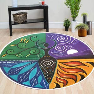 Circle Rug, Four Elements Round Rug, Earth Air Fire Water Rug, Spiritual Goddess Floor Mat, Boho Elemental, Meditation Room Rug