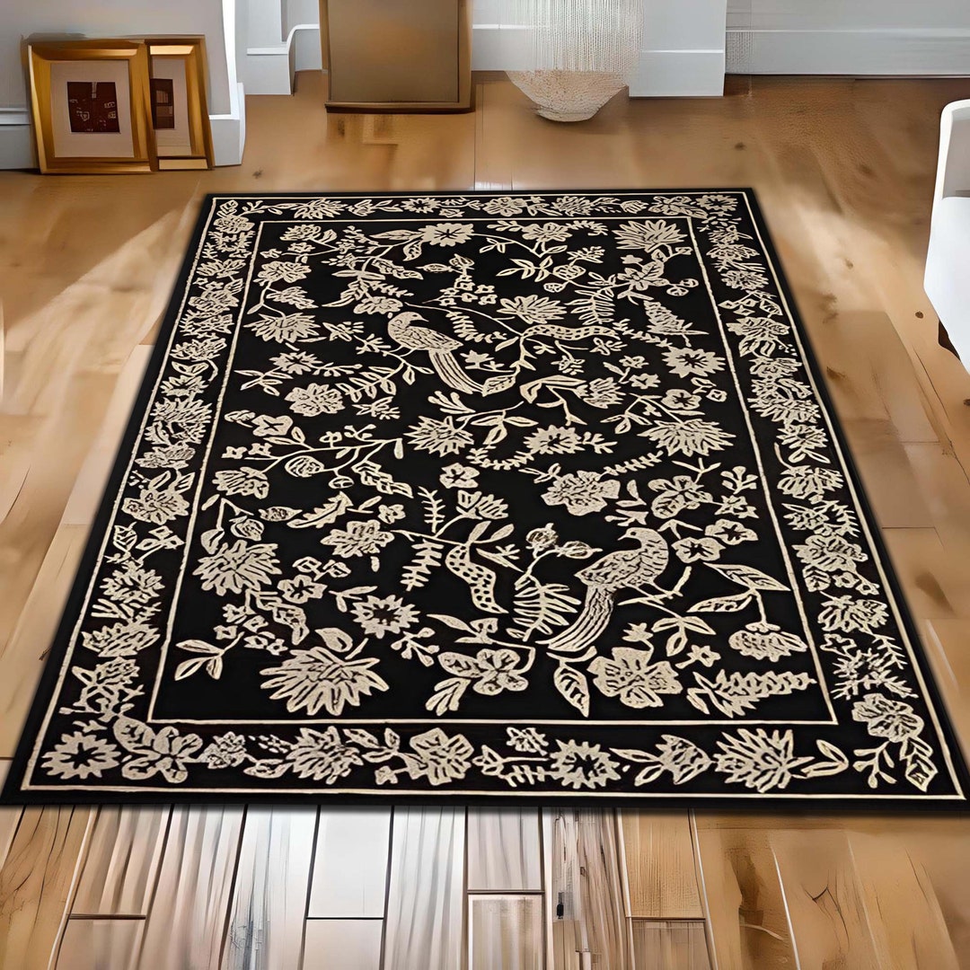Floor Rug, Elegant Black Floral Area Rug, Vintage Bohemian Floor Mat, Ornamental Living Room ...