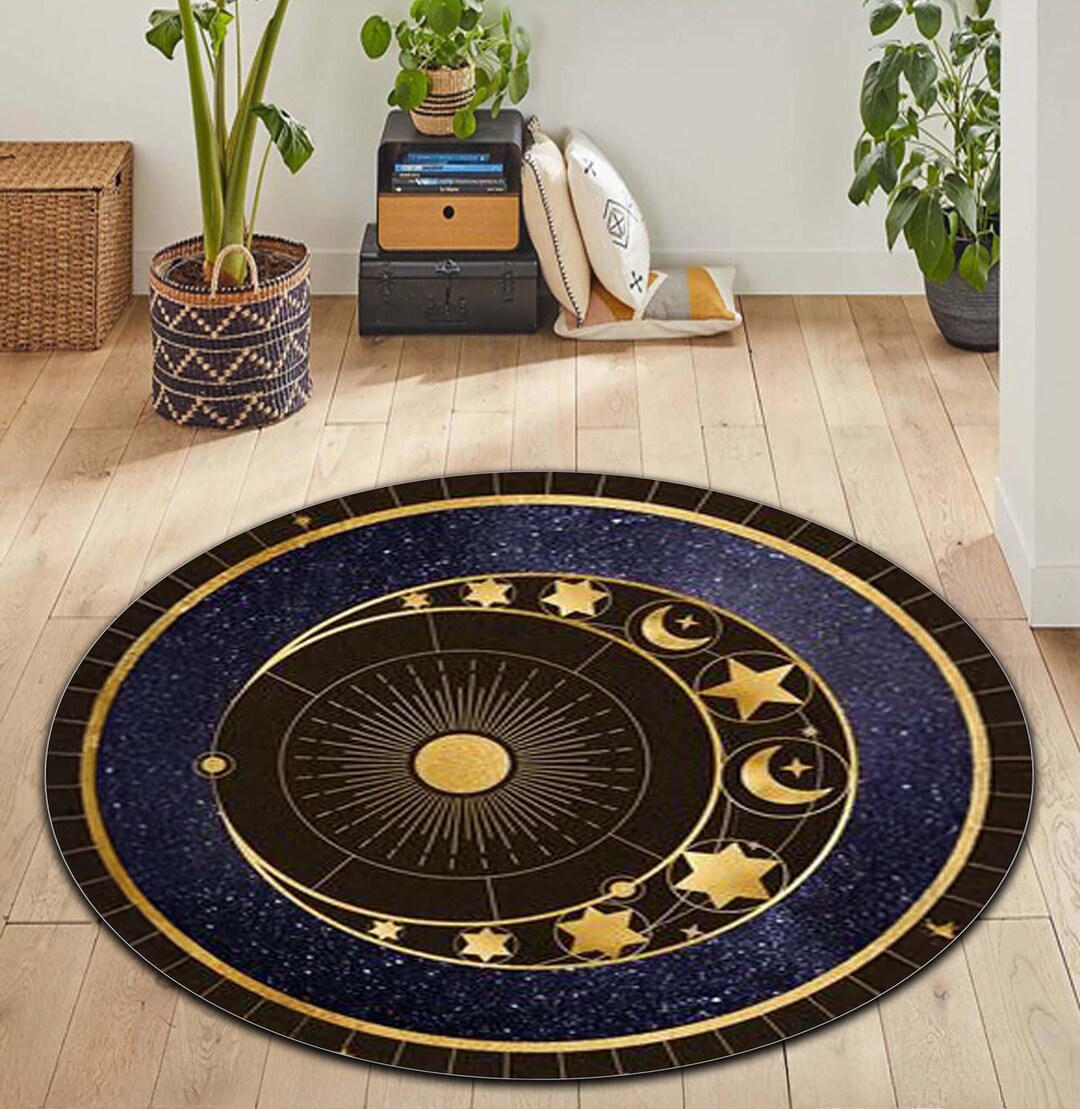 Astrological Rug Celestial Round Rug, Sun Rug, Moon Rug, Gold Black Starry Galaxy Rug ...