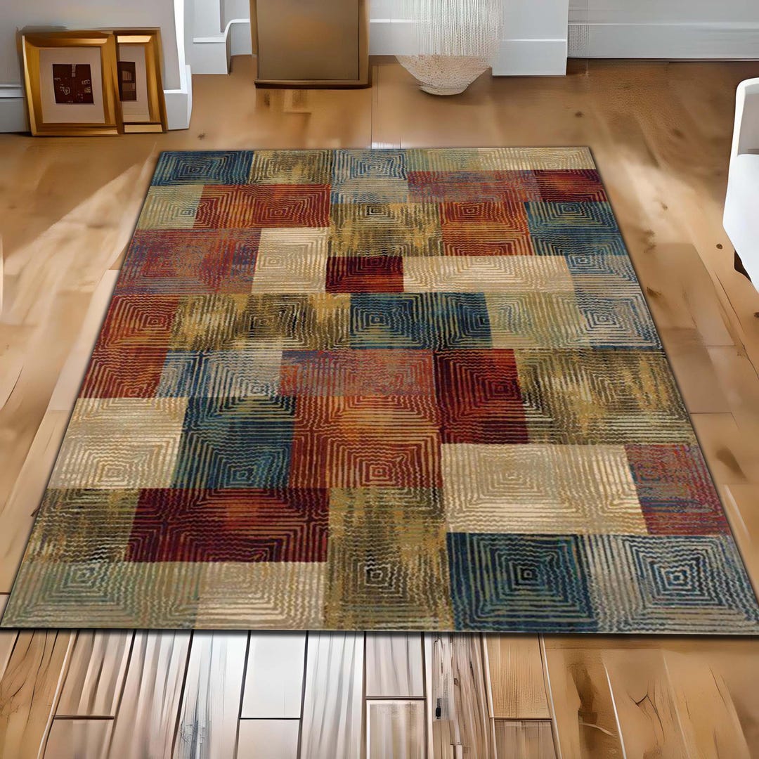 Muted Geometric Art Area Rug, Modern Abstract Square Pattern Carpet ...