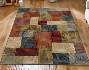 Muted Geometric Art Area Rug, Modern Abstract Square Pattern Carpet, Boho Rustic Faded Floor Mat Living Room Decor