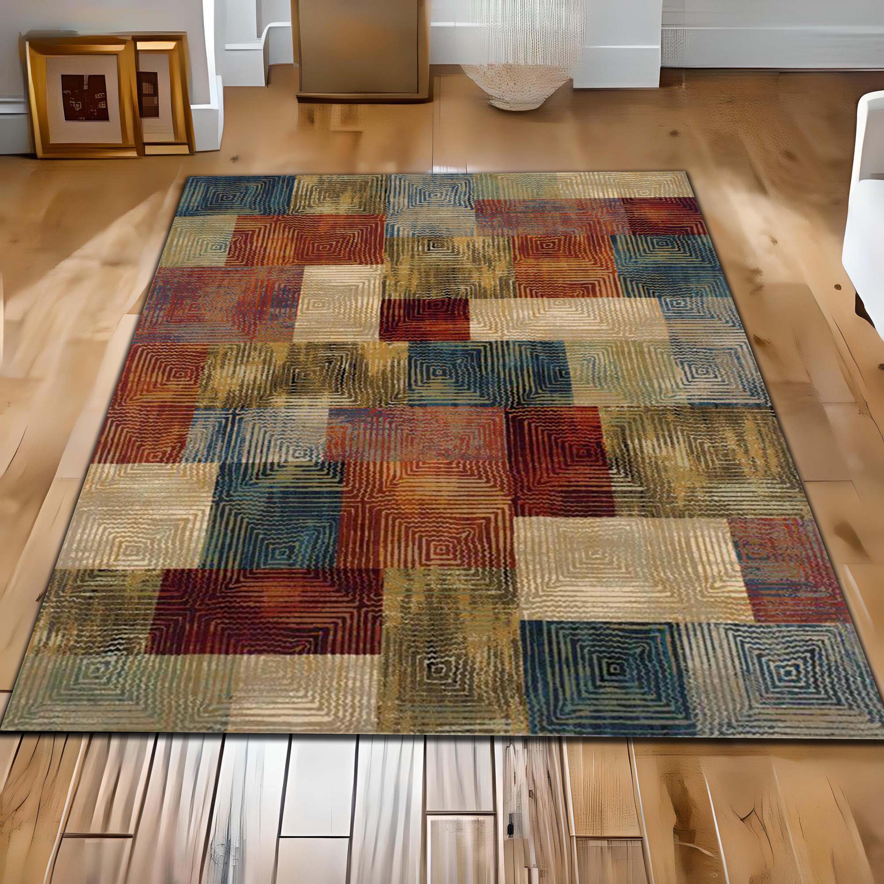 Muted Geometric Art Area Rug, Modern Abstract Square Pattern Carpet ...