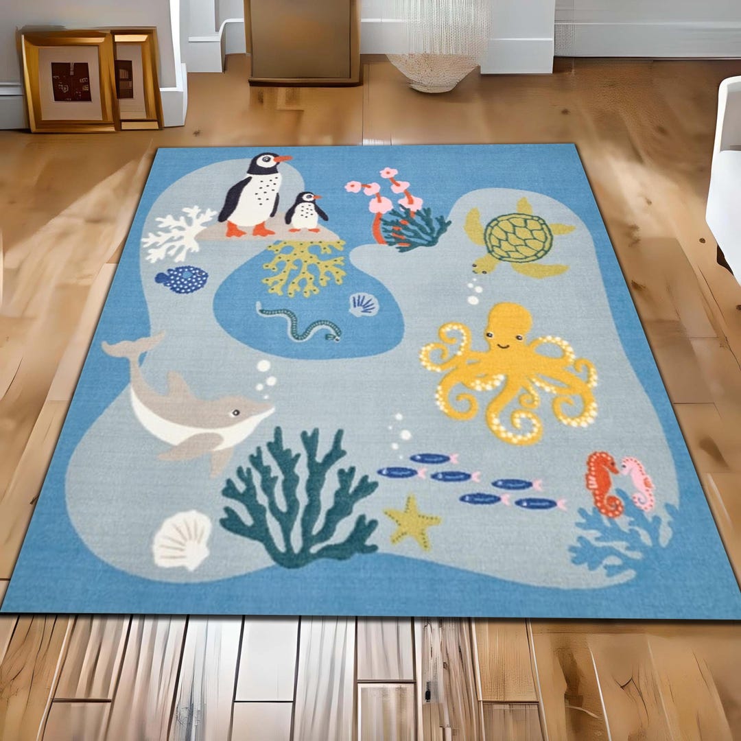 Blue Kids Area Rug, Ocean Animals Playroom Rug, Kids Room Rug, Ocean ...