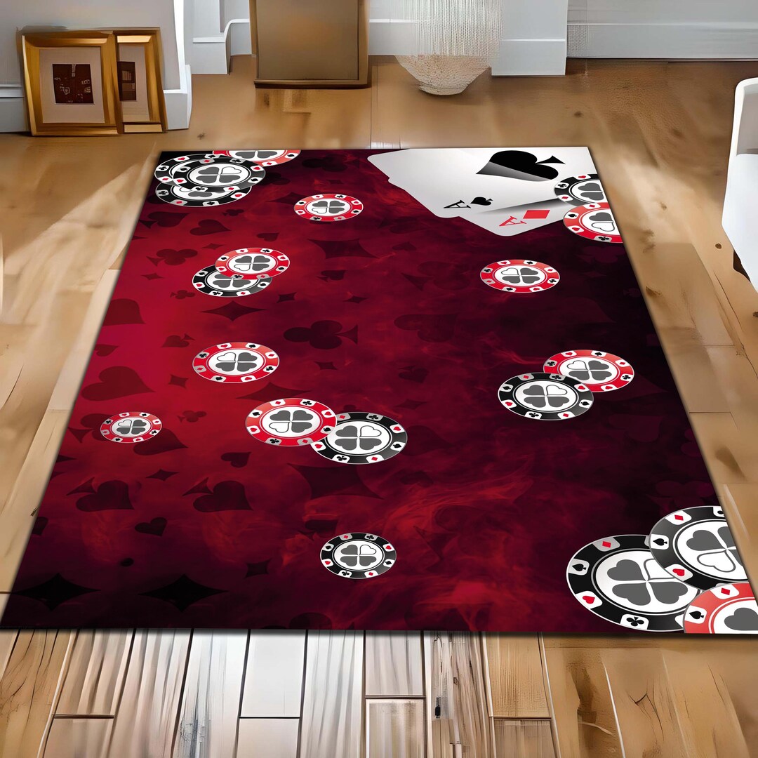 Poker Casino Rug Red and Black Poker Chips and Playing Cards Design ...