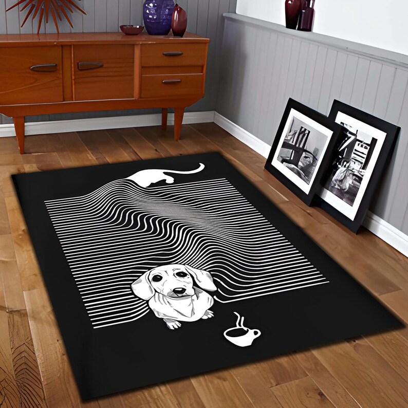 Modern Dachshund Dog Area Rug, Black and White Op Art Dog Lover's Decor