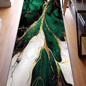 Green Gold Marble Runner Rug: Modern Abstract Art Floor Mat