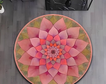 Pink Mandala Round Rug, Boho Floral Rug, Non Slip Circular Floor Mat, Aesthetic Home Decor, Yoga Meditation Rug